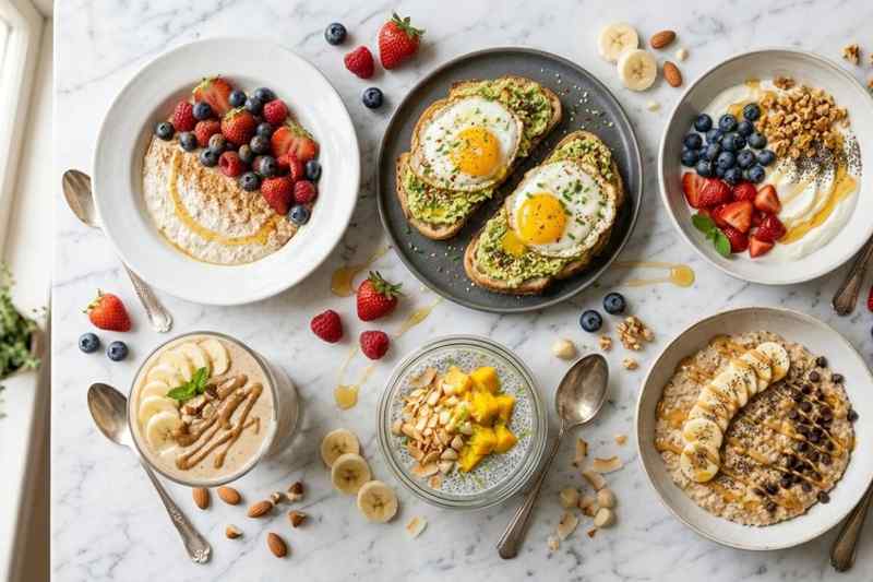 Energy boosting breakfast meals flat lay with oats, yogurt bowl, avocado toast, and smoothie on marble surface