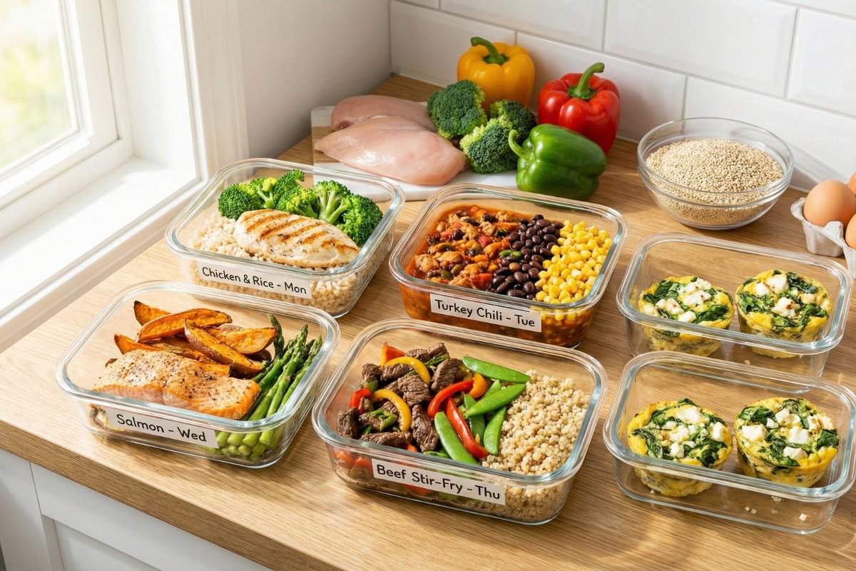 high protein meal prep containers with chicken rice salmon and vegetables arranged on kitchen counter