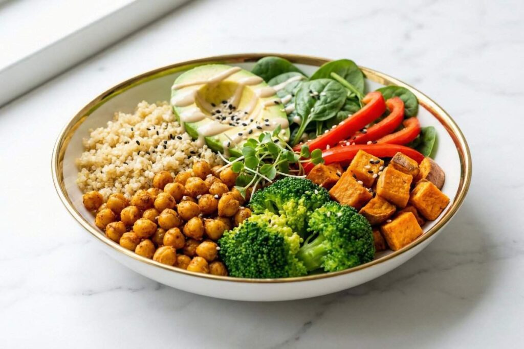 vegan chickpea buddha bowl with quinoa roasted vegetables and tahini dressing