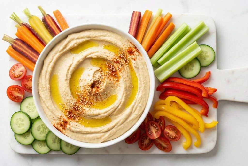 homemade hummus with olive oil paprika and colorful vegetable sticks