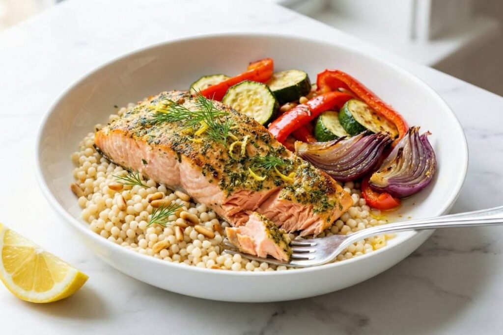 lemon herb baked salmon with pearl couscous and roasted vegetables on white plate