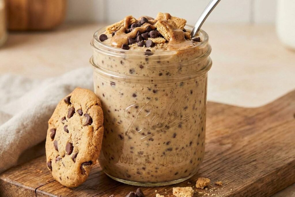 cookie dough high protein chia pudding with chocolate chips graham crackers almond butter