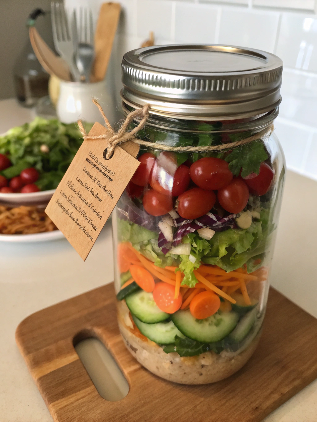 mason jar salads Layered mason jar salad with cucumber, carrots, lettuce, tomatoes – perfect for healthy lunch prep