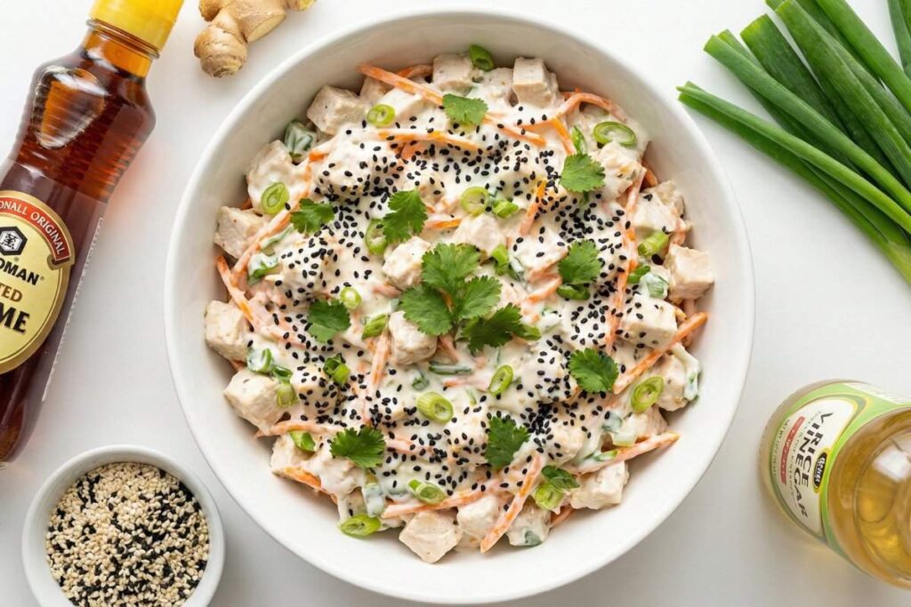 asian sesame chicken salad with carrots green onions sesame seeds and cilantro