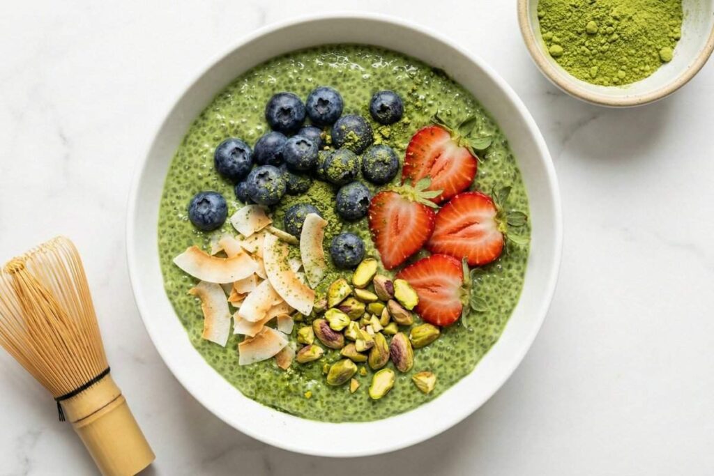 matcha high protein chia pudding with berries coconut flakes and pistachios
