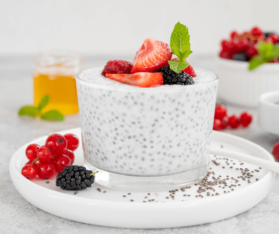 High-protein chia pudding with berries and mint – healthy, no-cook breakfast for weight loss and meal prep.