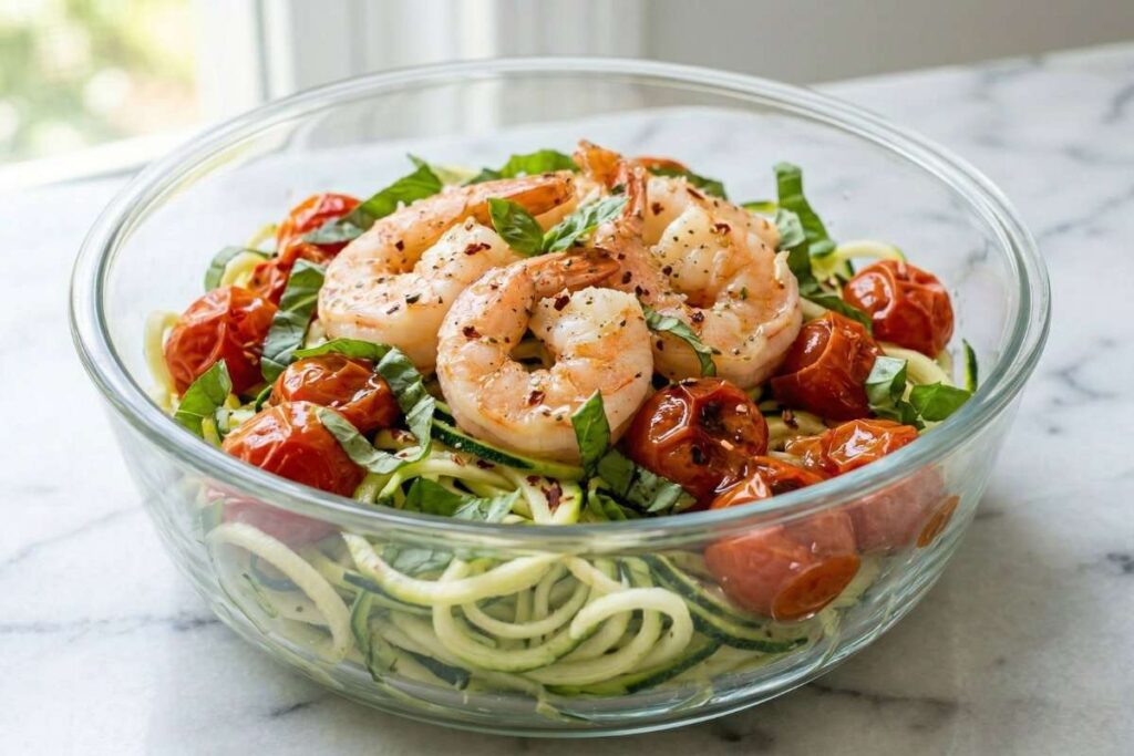 high protein meal prep shrimp zucchini