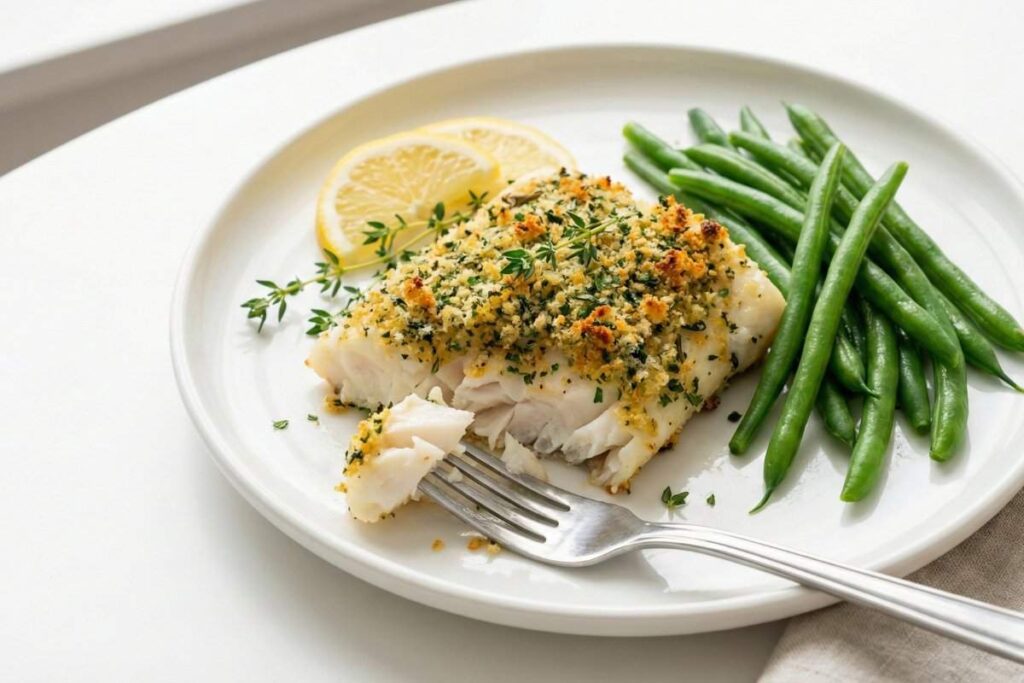 baked lemon herb cod fillet with green beans and fresh thyme