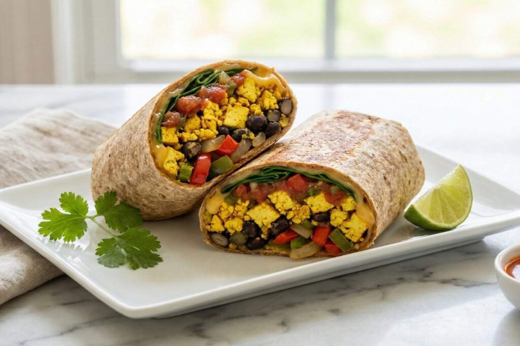 vegan tofu scramble breakfast burrito cut in half showing colorful filling