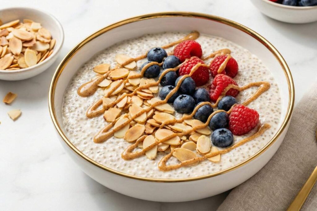 vanilla almond high protein chia pudding with toasted almonds berries and almond butter