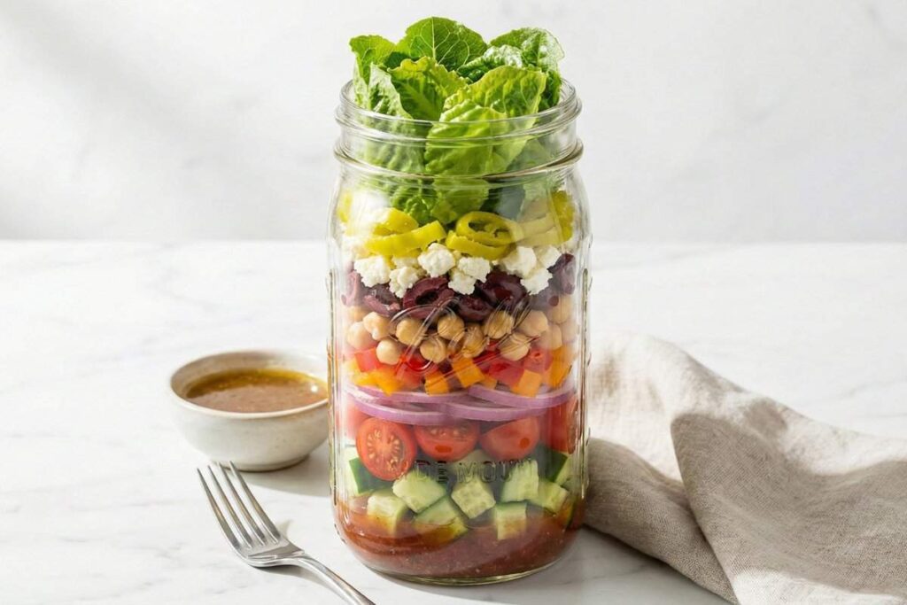 greek mason jar salad with chickpeas feta olives cucumbers and romaine lettuce layers