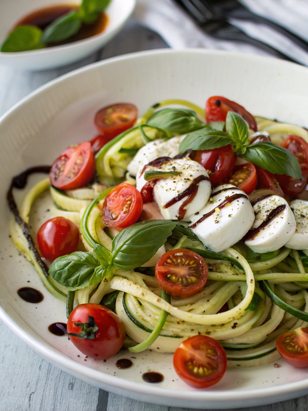 caprese zoodle salad Caprese Zoodle Salad with fresh cherry tomatoes, mozzarella, and basil in a bowl