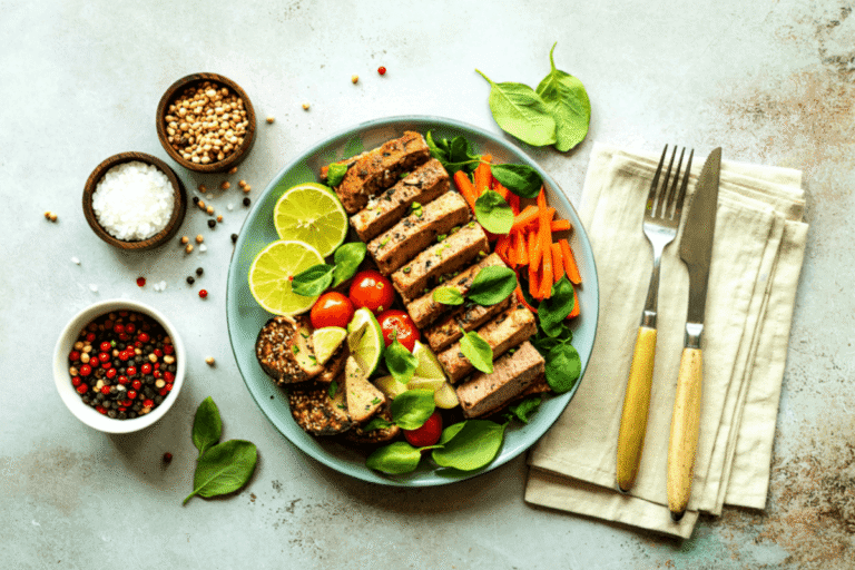 Grilled chicken meal prep bowl with fresh vegetables, lime wedges, and whole grains – healthy high-protein lunch idea