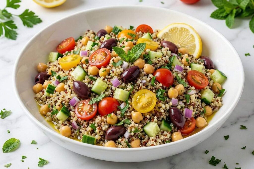 mediterranean quinoa salad with chickpeas cucumber tomatoes and fresh herbs