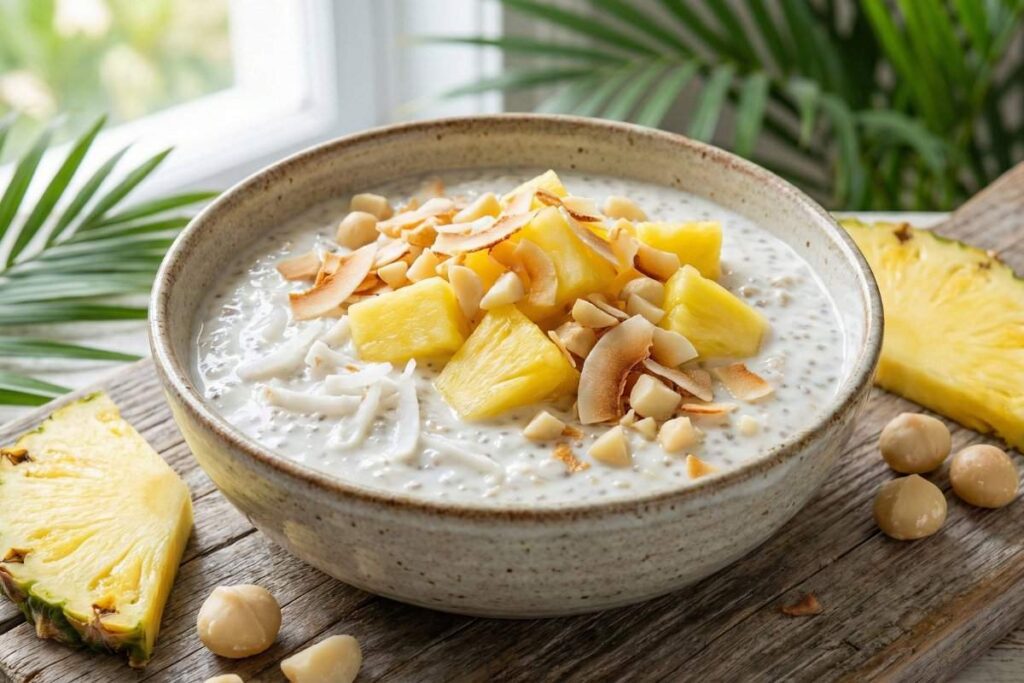 coconut high protein chia pudding with pineapple toasted coconut and macadamia nuts