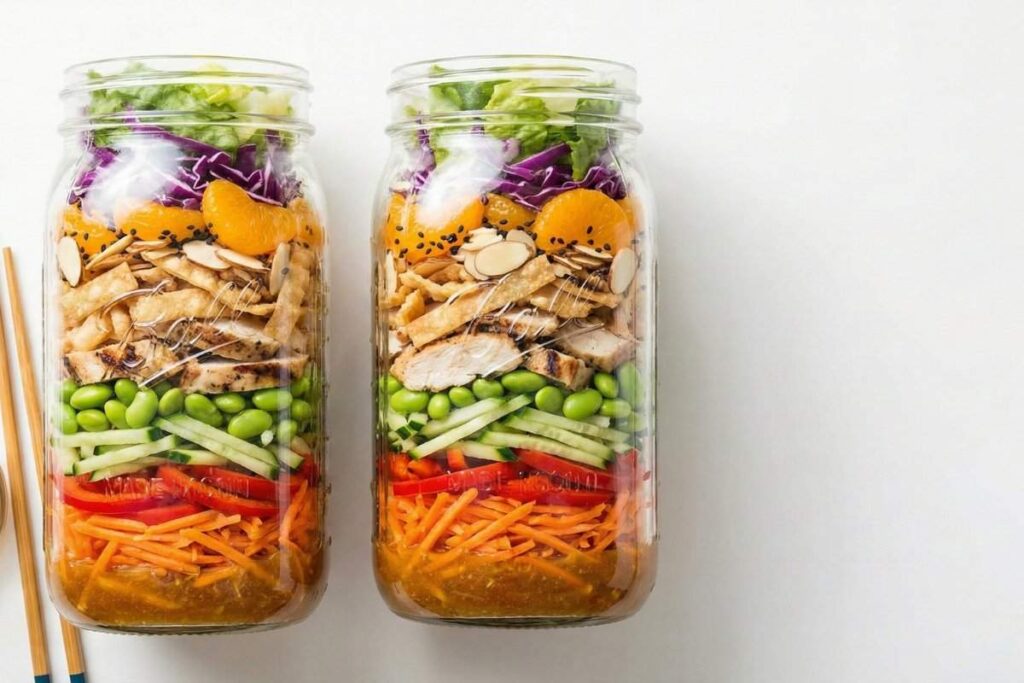 asian sesame mason jar salad with chicken edamame wonton strips cabbage and carrots