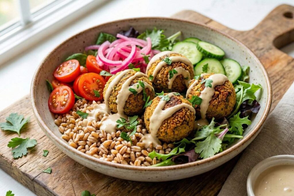 crispy baked falafel bowl with farro tahini dressing and fresh vegetables