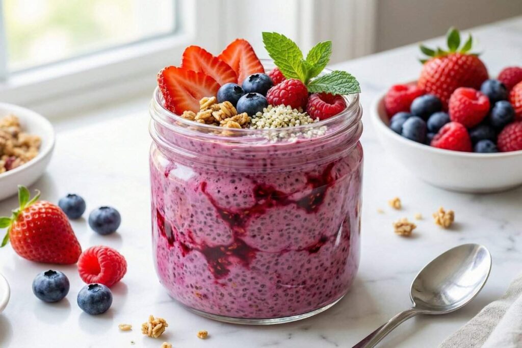 berry high protein chia pudding with fresh mixed berries granola and hemp seeds