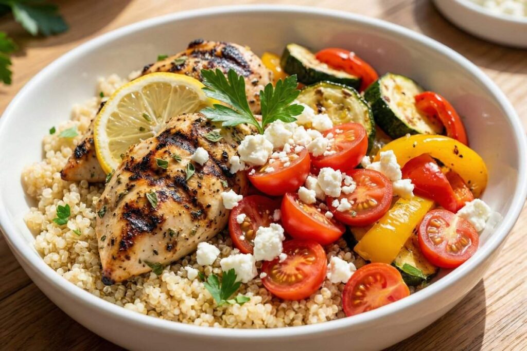 greek chicken with quinoa vegetables and feta cheese meal prep bowl