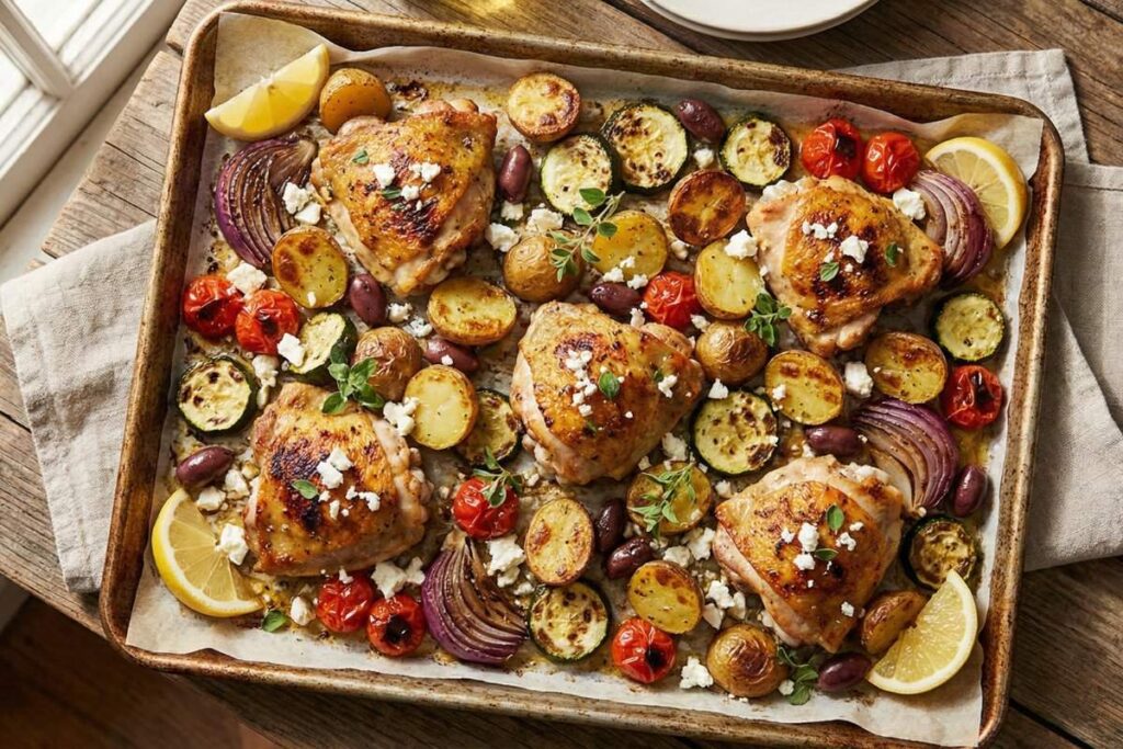 sheet pan greek chicken with roasted potatoes vegetables olives and feta