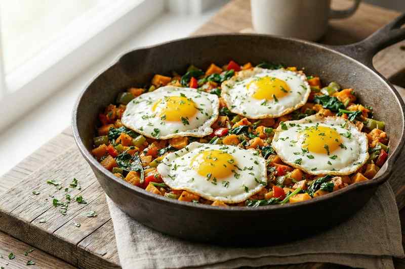 Sweet potato and egg hash energy boosting breakfast meal