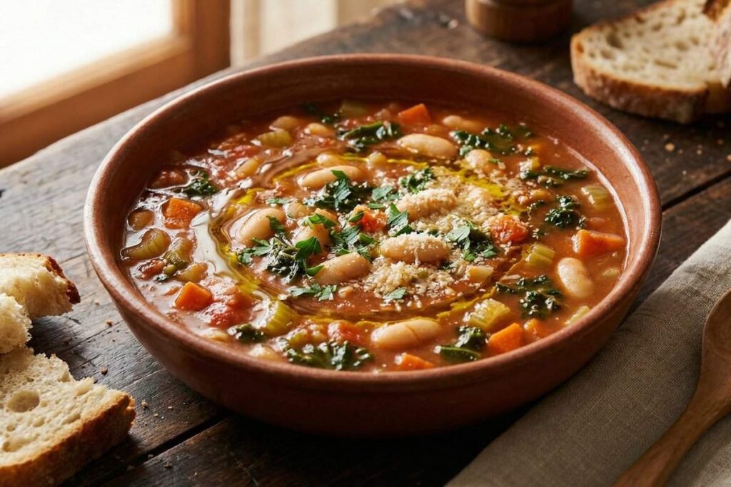 white bean vegetable soup with kale carrots and fresh herbs in rustic bowl