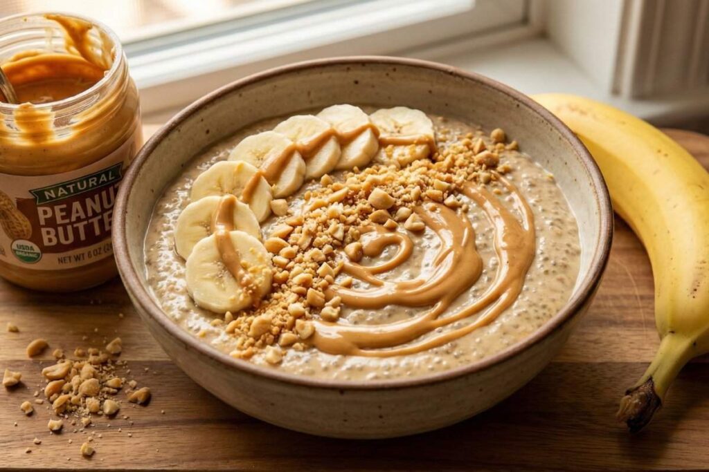 peanut butter high protein chia pudding with banana peanut drizzle and crushed peanuts