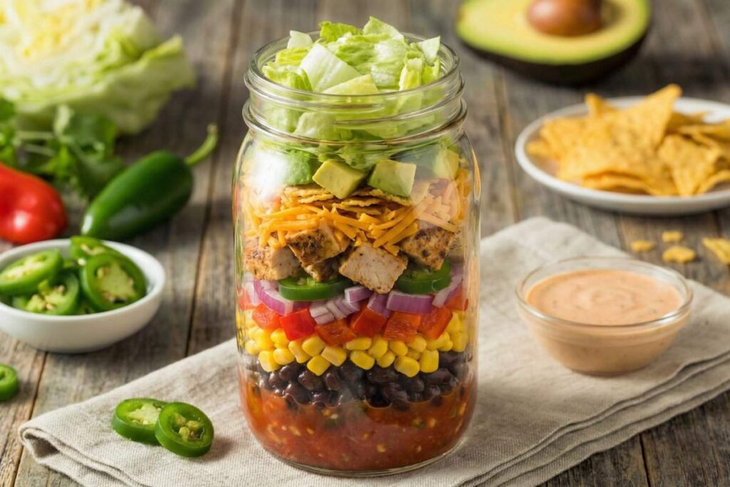 southwest chicken mason jar salad with black beans corn chicken cheese and avocado