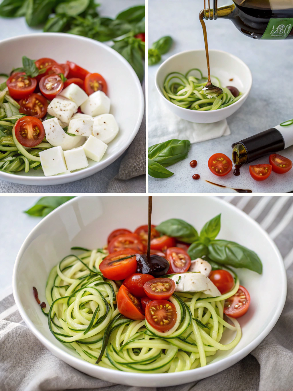 Step-by-step Caprese Zoodle Salad: zucchini noodles, cherry tomatoes, mozzarella, and fresh basil with a balsamic drizzle – a fresh and vibrant no-cook summer dish.caprese zoodle salad
