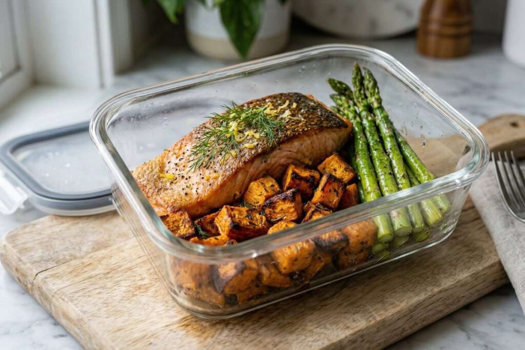 high protein meal prep salmon sweet potato