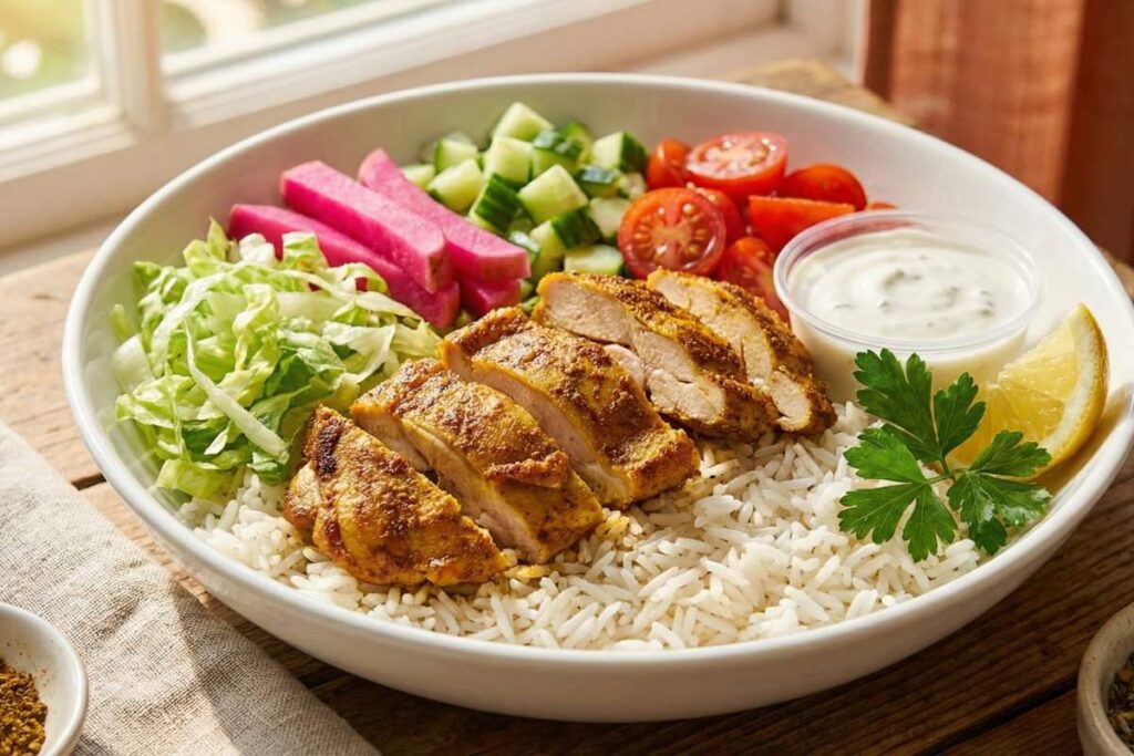 chicken shawarma rice bowl with spiced chicken vegetables and garlic sauce