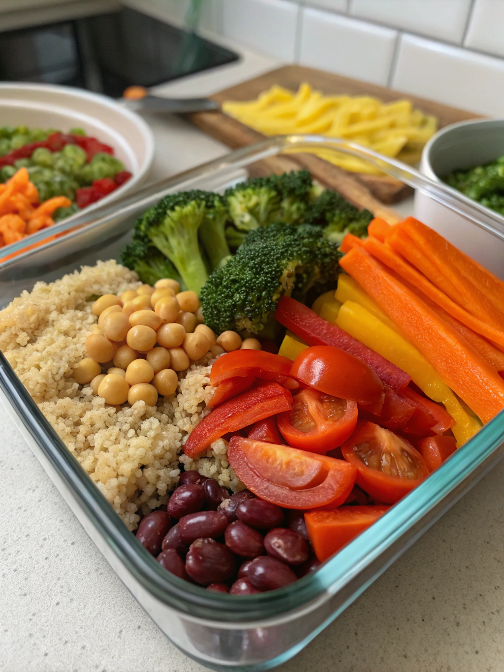 7-day vegan meal prep with colorful vegetables, quinoa, and chickpeas in glass containers