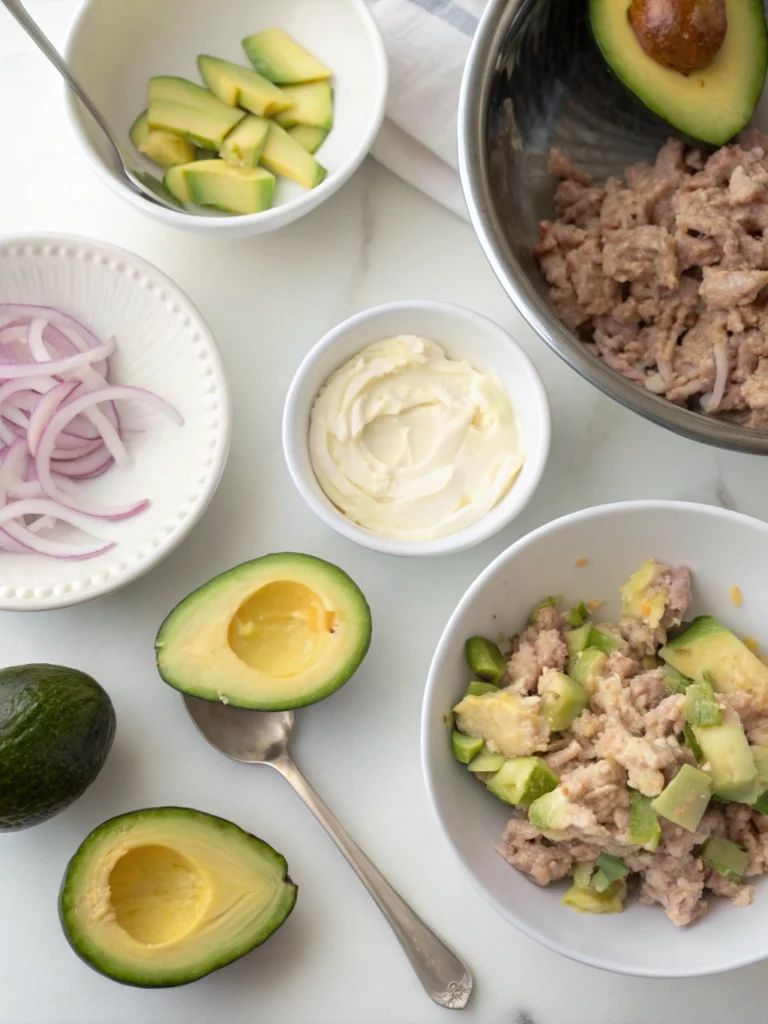 Mixing tuna with avocado, red onion, and mayo – step in preparing tuna stuffed avocados for a high-protein lunch