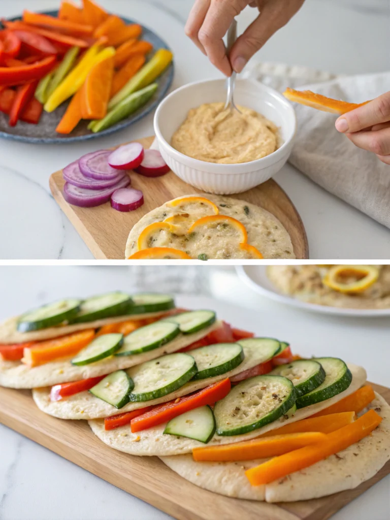 Hands assembling veggie hummus pita pockets with colorful vegetables and creamy hummus