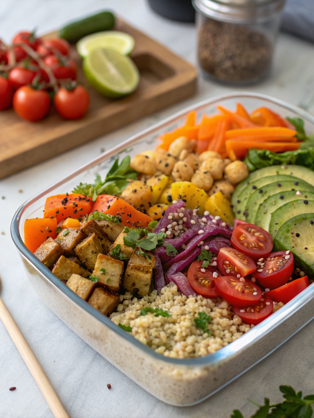 Colorful vegan meal prep bowls with sweet potatoes, avocado, and greens on a tray
