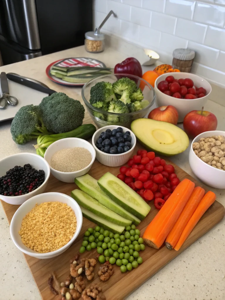 Colorful and fresh ingredients for vegan meal prep including broccoli, berries, chickpeas, and avocado – healthy and budget-friendly
