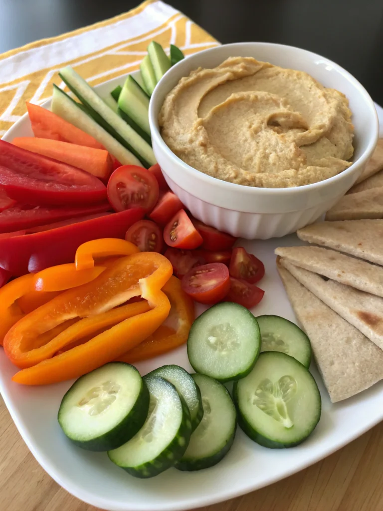 Colorful hummus platter with cucumber, bell peppers, tomatoes, pita bread, and dip – perfect for veggie hummus pita pockets veggie hummus pita ingredients