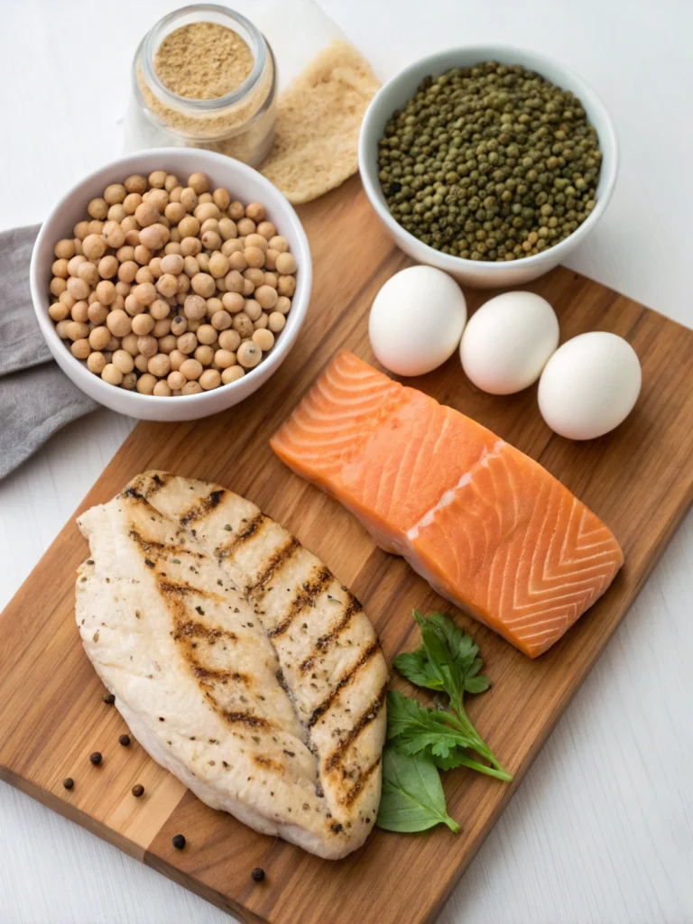 High protein dinner ingredients including salmon, chicken breast, eggs, and chickpeas – perfect for quick and healthy meals