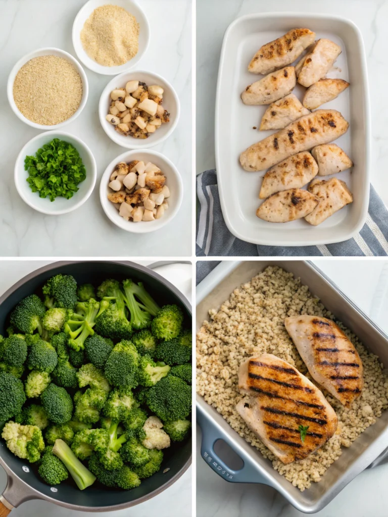 Step-by-step high-protein meal prep with cottage cheese, grilled chicken, quinoa, and broccoli – healthy dinner ideas