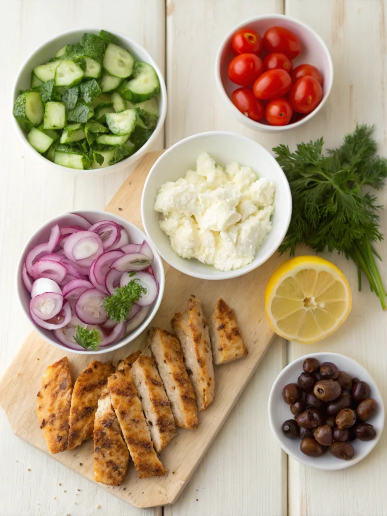 Sliced grilled chicken breast with Greek yogurt, red onions, lemon, cucumbers, and black olives on a wooden board – ingredients for a healthy Greek chicken salad