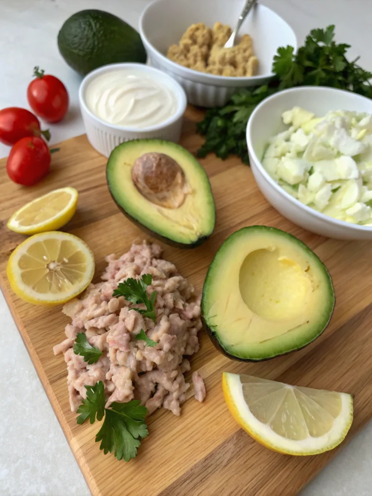 Tuna stuffed avocados with lemon, creamy yogurt, and celery – easy high protein no-cook lunch