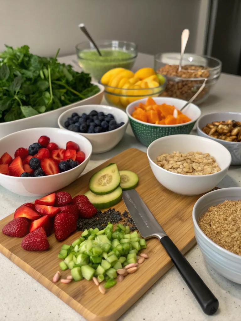Fresh vegan meal prep ingredients including leafy greens, berries, cucumber, oats, nuts, and fruit slices