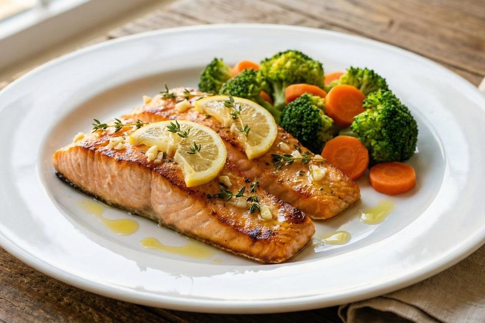 Low calorie high protein lemon garlic salmon with vegetables