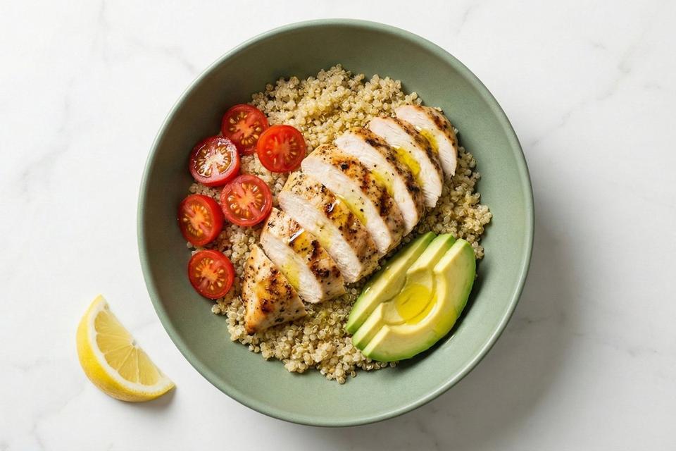 Low calorie high protein chicken quinoa power bowl