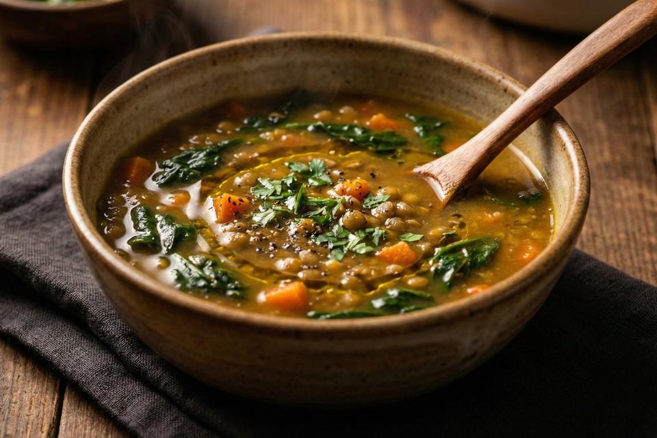 Low calorie high protein lentil spinach soup