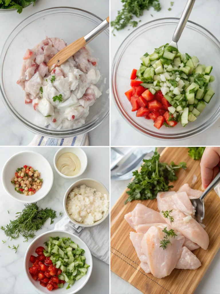Collage of Greek Yogurt Chicken Salad ingredients including grilled chicken, Greek yogurt, red onions, cucumbers, lemon, and olives – perfect for a healthy Mediterranean meal