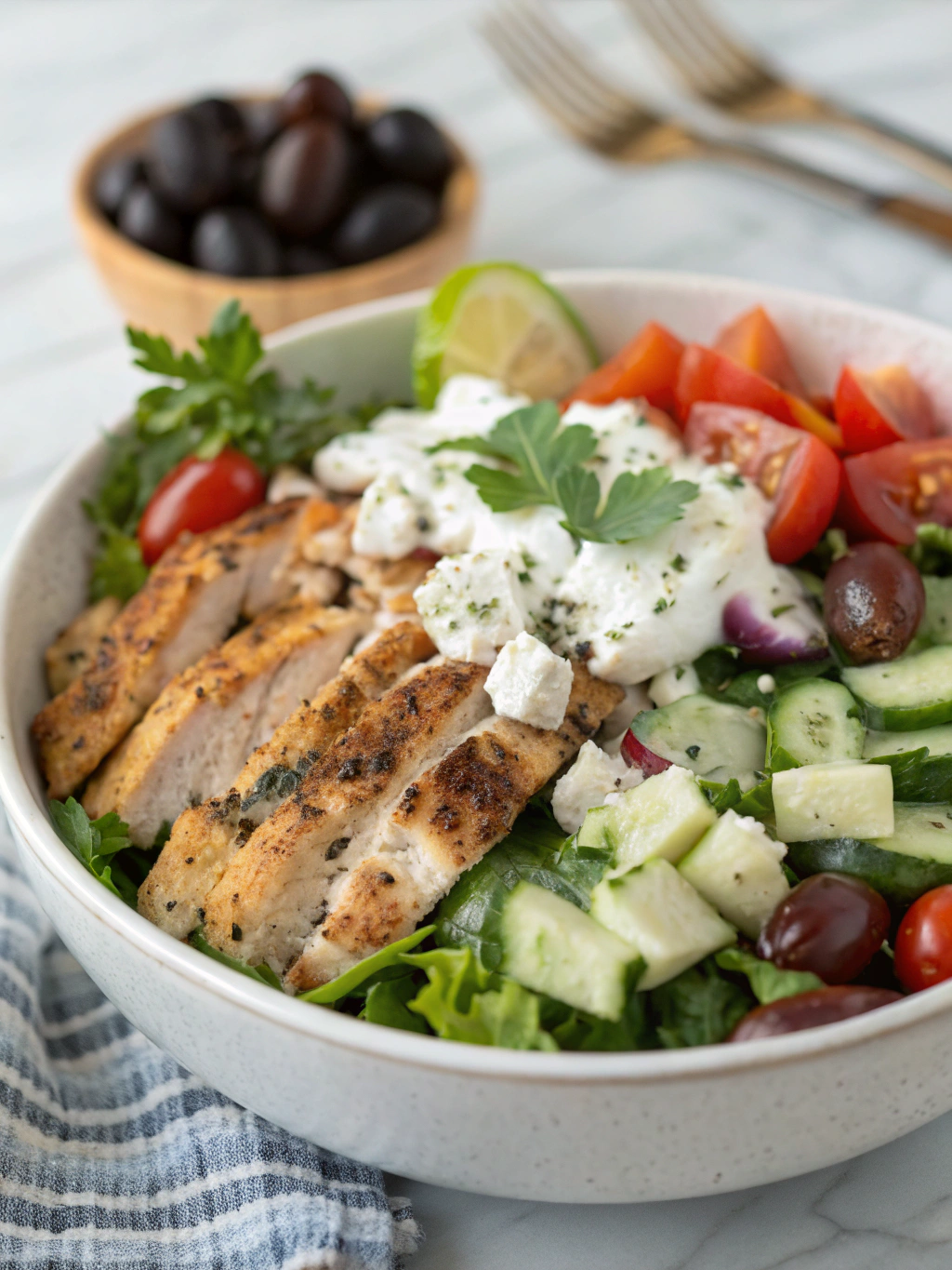 greek yogurt chicken salad Greek yogurt chicken salad bowl with cucumbers, tomatoes, and herbs – high-protein healthy lunch