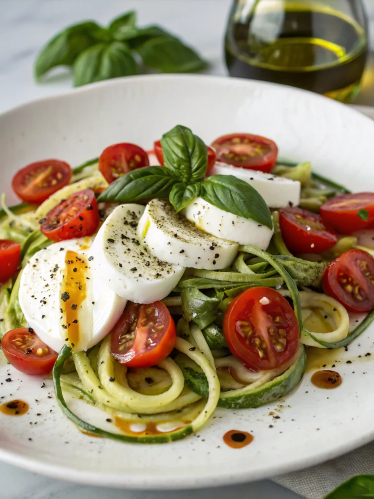 Caprese Zoodle Salad with fresh cherry tomatoes, mozzarella slices, and basil leaves – healthy no-cook lunch
