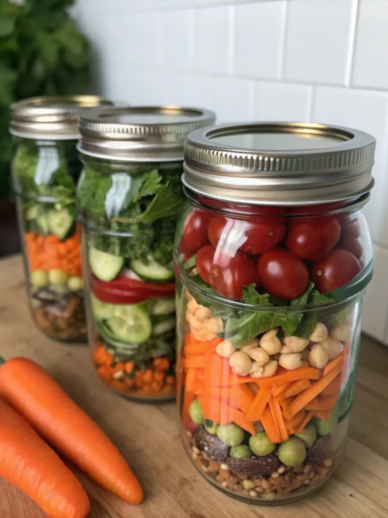 Three mason jar salads layered with beans, carrots, peas, cucumbers, greens, and tomatoes for easy meal prep