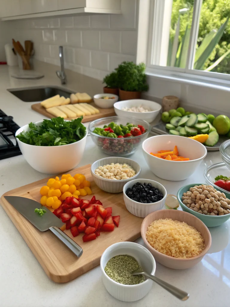 Colorful and healthy vegan meal prep ingredients on a wooden board, including vegetables, grains, and dips